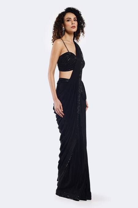 Onaya Black Crepe Sequins Placement Embellished Pre-draped Saree With Blouse Online at Aza Fashions Onaya_Black Crepe Sequins Placement Embellished Pre-draped Saree With Blouse_Online_at_Aza_Fashions