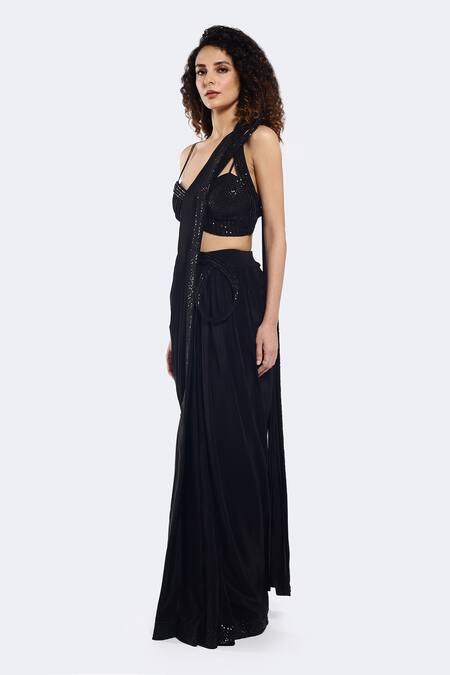 Shop Onaya Black Crepe Sequins Placement Embellished Pre-draped Saree With Blouse Online at Aza Fashions Shop_Onaya_Black Crepe Sequins Placement Embellished Pre-draped Saree With Blouse_Online_at_Aza_Fashions