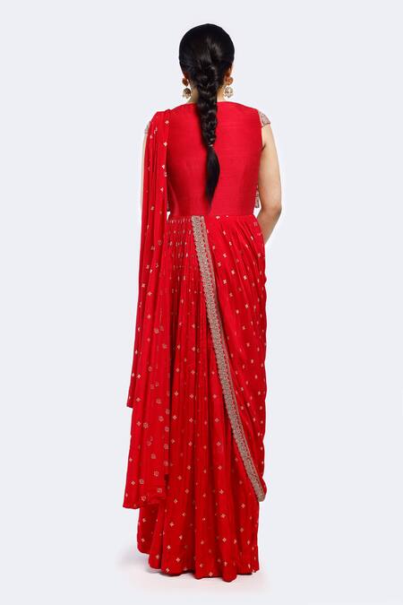 Shop Onaya Red Silk Sequins, Diamonds Asymmetric Yoke Embroidered Pre-stitched Saree Gown at Aza Fashions Shop_Onaya_Red Silk Sequins, Diamonds Asymmetric Yoke Embroidered Pre-stitched Saree Gown_at_Aza_Fashions