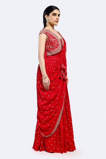 Onaya Red Silk Sequins, Diamonds Asymmetric Yoke Embroidered Pre-stitched Saree Gown Online at Aza Fashions Onaya_Red Silk Sequins, Diamonds Asymmetric Yoke Embroidered Pre-stitched Saree Gown_Online_at_Aza_Fashions