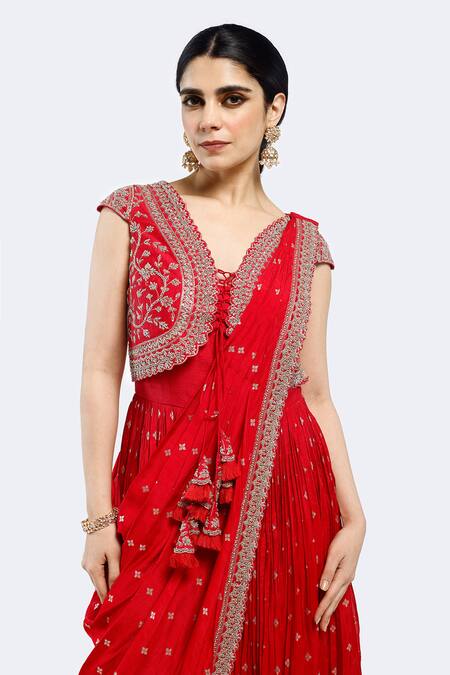 Buy Onaya Red Silk Sequins, Diamonds Asymmetric Yoke Embroidered Pre-stitched Saree Gown Online at Aza Fashions Buy_Onaya_Red Silk Sequins, Diamonds Asymmetric Yoke Embroidered Pre-stitched Saree Gown_Online_at_Aza_Fashions