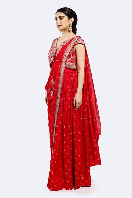 Shop Onaya Red Silk Sequins, Diamonds Asymmetric Yoke Embroidered Pre-stitched Saree Gown Online at Aza Fashions Shop_Onaya_Red Silk Sequins, Diamonds Asymmetric Yoke Embroidered Pre-stitched Saree Gown_Online_at_Aza_Fashions