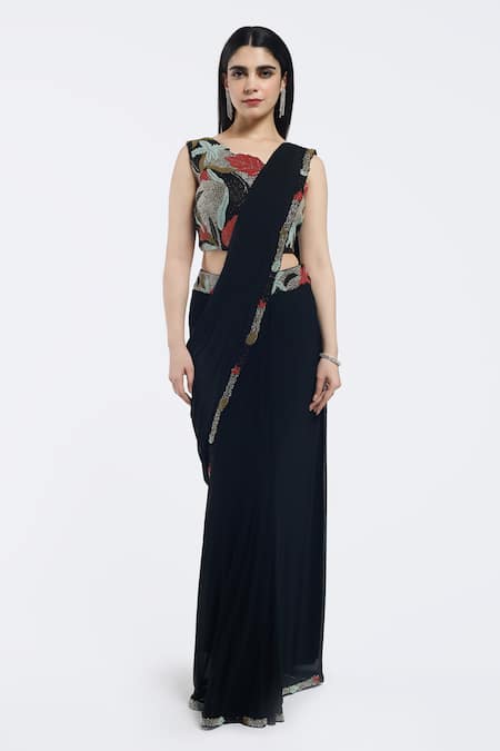 Onaya Foliage Border Embroidered Pre-Draped Saree With Blouse 