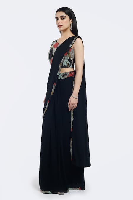 Buy_Onaya_Blue Lycra Embroidery Foliage Border Pre-draped Saree With Blouse _Online_at_Aza_Fashions