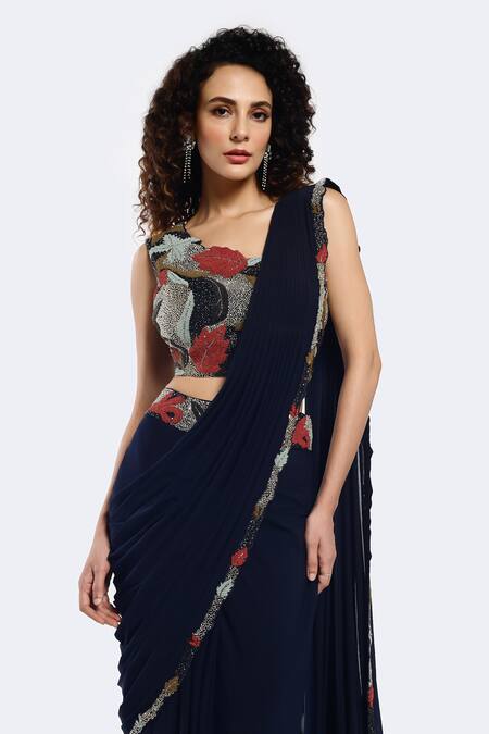 Onaya_Black Lycra Cut Work, Embroidery Border Pre-stitched Saree With Blouse _Online_at_Aza_Fashions