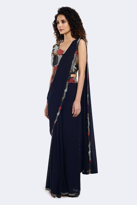 Buy_Onaya_Black Lycra Cut Work, Embroidery Border Pre-stitched Saree With Blouse _Online_at_Aza_Fashions