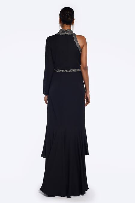 Shop Onaya Black Georgette Embellished Bead Round High Neck Floral Yoke Gown at Aza Fashions Shop_Onaya_Black Georgette Embellished Bead Round High Neck Floral Yoke Gown_at_Aza_Fashions