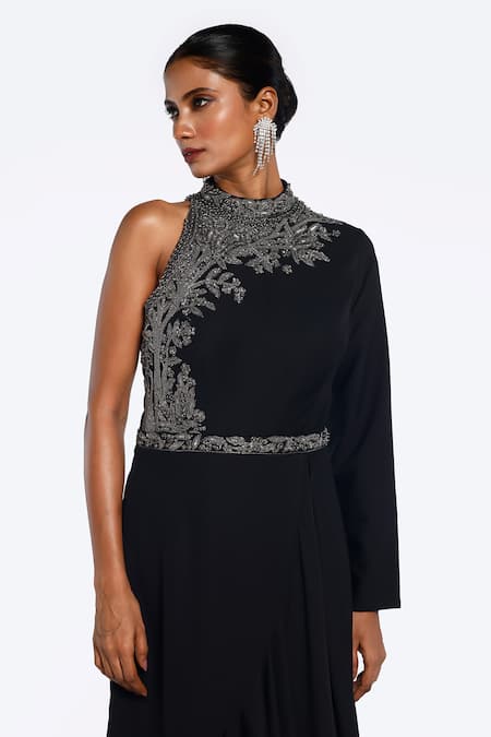 Onaya Black Georgette Embellished Bead Round High Neck Floral Yoke Gown Online at Aza Fashions Onaya_Black Georgette Embellished Bead Round High Neck Floral Yoke Gown_Online_at_Aza_Fashions
