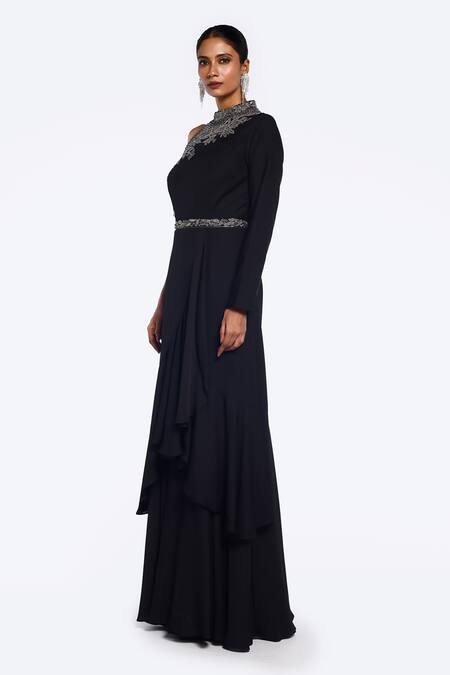 Buy Onaya Black Georgette Embellished Bead Round High Neck Floral Yoke Gown Online at Aza Fashions Buy_Onaya_Black Georgette Embellished Bead Round High Neck Floral Yoke Gown_Online_at_Aza_Fashions