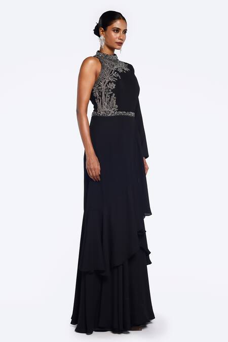 Shop Onaya Black Georgette Embellished Bead Round High Neck Floral Yoke Gown Online at Aza Fashions Shop_Onaya_Black Georgette Embellished Bead Round High Neck Floral Yoke Gown_Online_at_Aza_Fashions