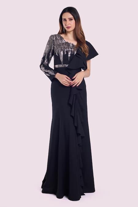 Onaya Sequin Stripe Yoke Embellished Gown 