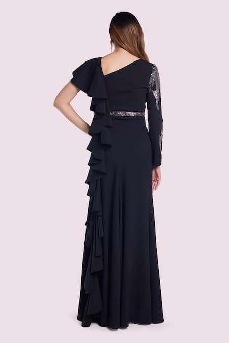 Shop_Onaya_Black Georgette Sequins, Ruffles Asymmetric Stripe Yoke Embellished Gown _at_Aza_Fashions