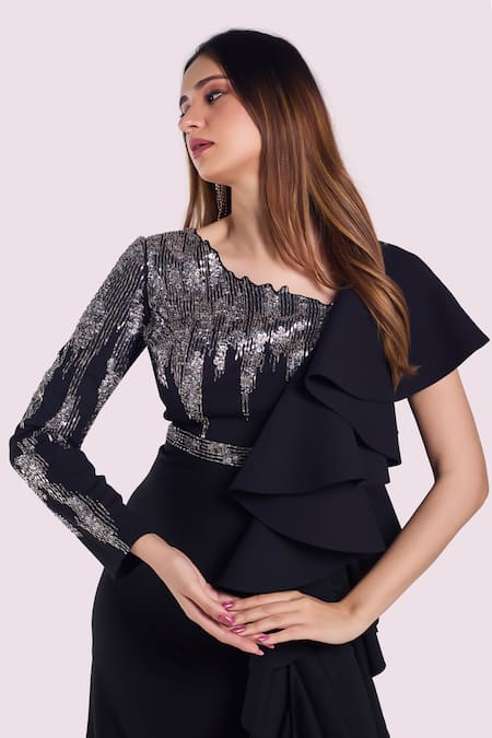 Onaya_Black Georgette Sequins, Ruffles Asymmetric Stripe Yoke Embellished Gown _Online_at_Aza_Fashions