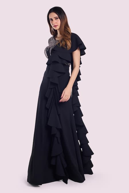 Buy_Onaya_Black Georgette Sequins, Ruffles Asymmetric Stripe Yoke Embellished Gown _Online_at_Aza_Fashions