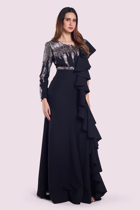 Shop_Onaya_Black Georgette Sequins, Ruffles Asymmetric Stripe Yoke Embellished Gown _Online_at_Aza_Fashions