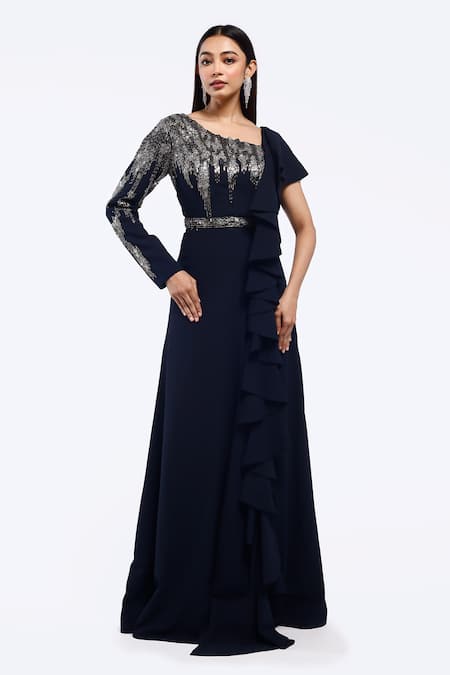 Onaya Stripe Yoke Embellished Gown 