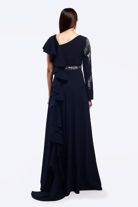Shop_Onaya_Blue Georgette Embellished Sequin Cutwork Stripe Yoke Gown _at_Aza_Fashions