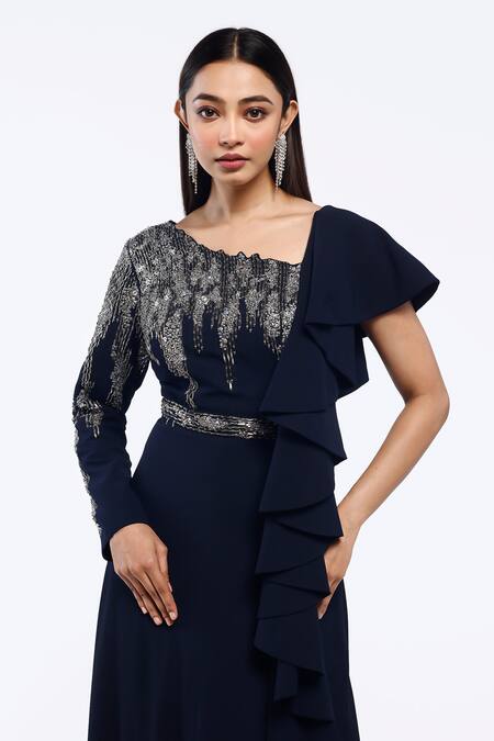 Onaya_Blue Georgette Embellished Sequin Cutwork Stripe Yoke Gown _Online_at_Aza_Fashions