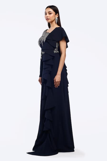 Buy_Onaya_Blue Georgette Embellished Sequin Cutwork Stripe Yoke Gown _Online_at_Aza_Fashions