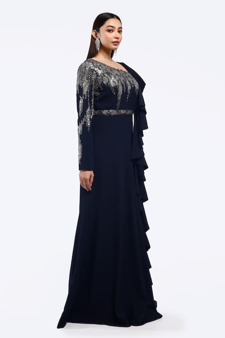 Shop_Onaya_Blue Georgette Embellished Sequin Cutwork Stripe Yoke Gown _Online_at_Aza_Fashions
