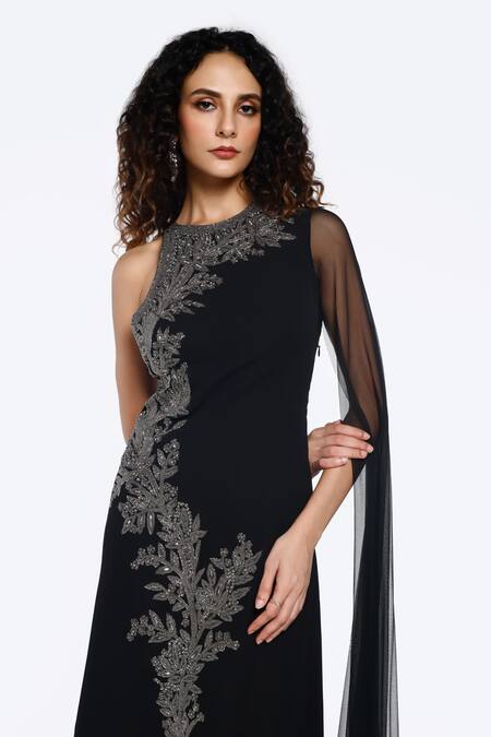 Onaya_Black Georgette Sequins, Beads Round Neck Embellished Sheath Gown_Online_at_Aza_Fashions
