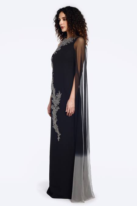 Buy_Onaya_Black Georgette Sequins, Beads Round Neck Embellished Sheath Gown_Online_at_Aza_Fashions