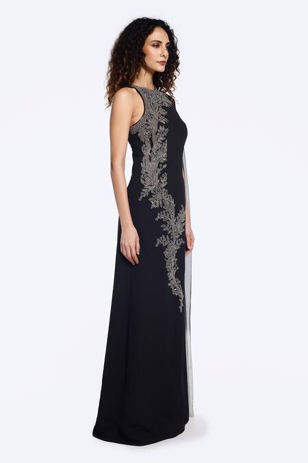 Shop_Onaya_Black Georgette Sequins, Beads Round Neck Embellished Sheath Gown_Online_at_Aza_Fashions