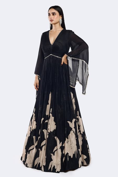 Onaya Black Chinon Chiffon Printed Floral Plunge V Neck Placement Anarkali 