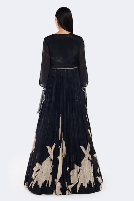 Shop Onaya Black Chiffon Sequins, Cut Work, Mirrors Plunge Floral Placement Print Anarkali at Aza Fashions Shop_Onaya_Black Chiffon Sequins, Cut Work, Mirrors Plunge Floral Placement Print Anarkali_at_Aza_Fashions