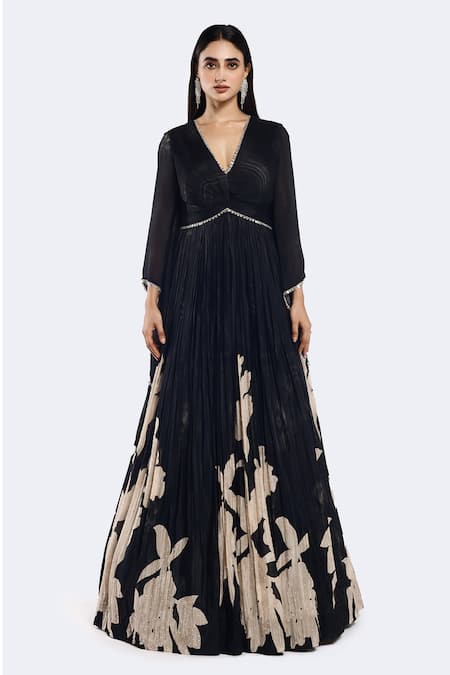 Shop Onaya Black Chiffon Sequins, Cut Work, Mirrors Plunge Floral Placement Print Anarkali Online at Aza Fashions Shop_Onaya_Black Chiffon Sequins, Cut Work, Mirrors Plunge Floral Placement Print Anarkali_Online_at_Aza_Fashions