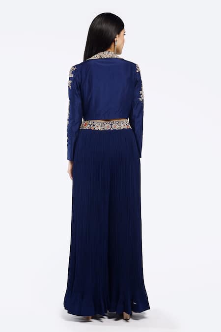 Shop Onaya Blue Silk, Georgette Zari Square Neck Zardozi Embellished Jacket Sharara Set at Aza Fashions Shop_Onaya_Blue Silk, Georgette Zari Square Neck Zardozi Embellished Jacket Sharara Set _at_Aza_Fashions