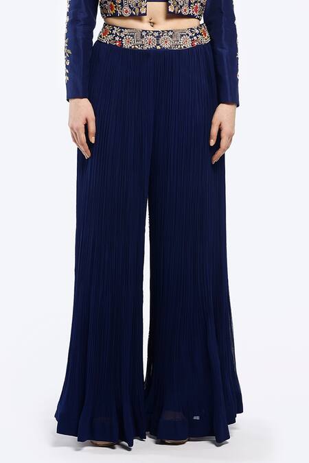 Onaya Blue Silk, Georgette Zari Square Neck Zardozi Embellished Jacket Sharara Set Online at Aza Fashions Onaya_Blue Silk, Georgette Zari Square Neck Zardozi Embellished Jacket Sharara Set _Online_at_Aza_Fashions