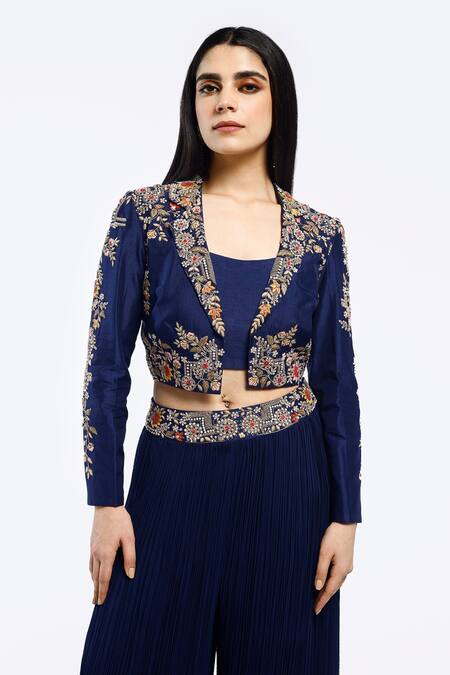 Buy Onaya Blue Silk, Georgette Zari Square Neck Zardozi Embellished Jacket Sharara Set Online at Aza Fashions Buy_Onaya_Blue Silk, Georgette Zari Square Neck Zardozi Embellished Jacket Sharara Set _Online_at_Aza_Fashions