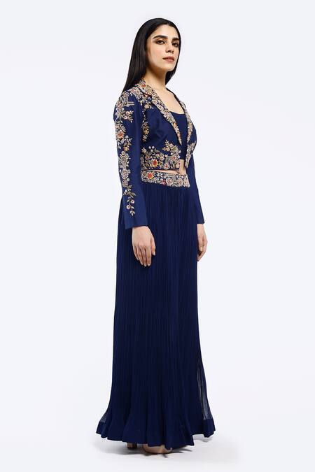 Shop Onaya Blue Silk, Georgette Zari Square Neck Zardozi Embellished Jacket Sharara Set Online at Aza Fashions Shop_Onaya_Blue Silk, Georgette Zari Square Neck Zardozi Embellished Jacket Sharara Set _Online_at_Aza_Fashions