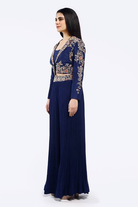 Onaya Blue Silk, Georgette Zari Square Neck Zardozi Embellished Jacket Sharara Set at Aza Fashions Onaya_Blue Silk, Georgette Zari Square Neck Zardozi Embellished Jacket Sharara Set _at_Aza_Fashions