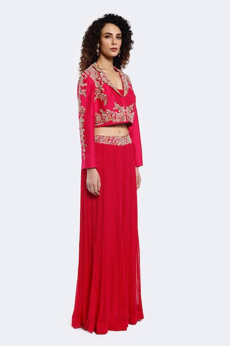 Shop_Onaya_Pink Silk, Georgette Zari Square Neck, Collared Zardozi Embellished Jacket Set _at_Aza_Fashions