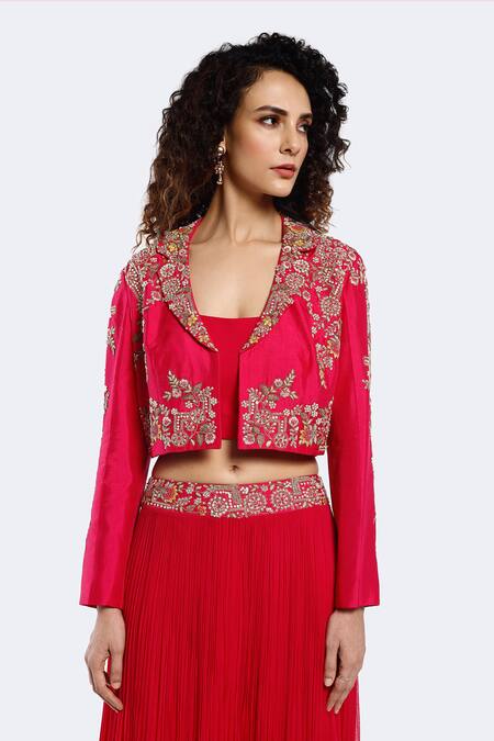 Buy_Onaya_Pink Silk, Georgette Zari Square Neck, Collared Zardozi Embellished Jacket Set _Online_at_Aza_Fashions