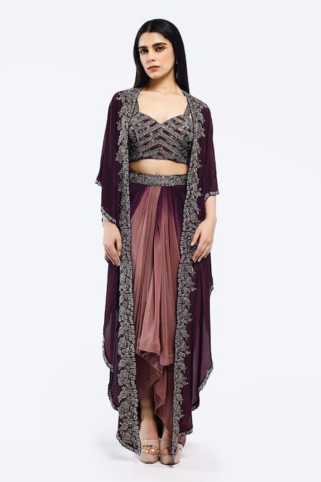 Onaya Floral Embroidered Cape Skirt Set 