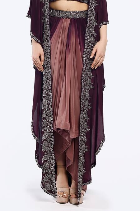 Onaya_Wine Crepe Cut Work, Mirrors, Sequins Floral Embroidered Cape Skirt Set_Online_at_Aza_Fashions