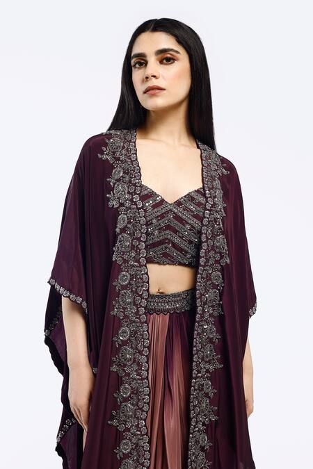 Buy_Onaya_Wine Crepe Cut Work, Mirrors, Sequins Floral Embroidered Cape Skirt Set_Online_at_Aza_Fashions