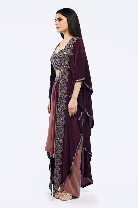 Shop_Onaya_Wine Crepe Cut Work, Mirrors, Sequins Floral Embroidered Cape Skirt Set_Online_at_Aza_Fashions