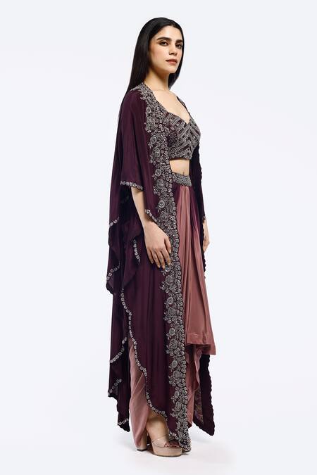 Onaya_Wine Crepe Cut Work, Mirrors, Sequins Floral Embroidered Cape Skirt Set_at_Aza_Fashions