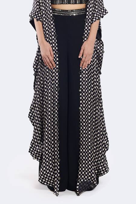Onaya_Black Georgette Printed Geometric Round Cape Pant Set _Online_at_Aza_Fashions