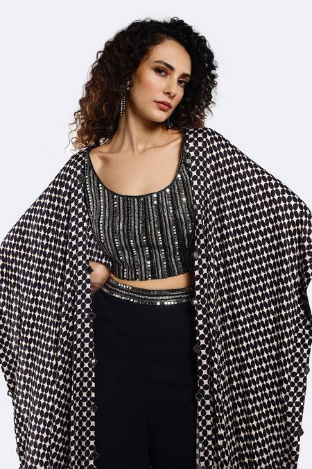 Buy_Onaya_Black Georgette Printed Geometric Round Cape Pant Set _Online_at_Aza_Fashions