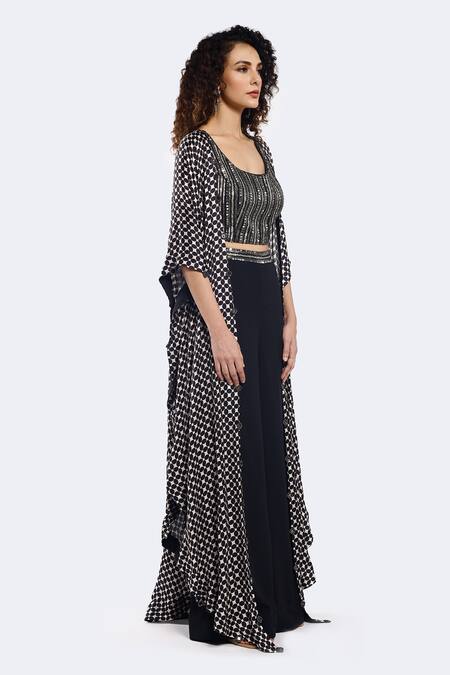 Onaya_Black Georgette Printed Geometric Round Cape Pant Set _at_Aza_Fashions