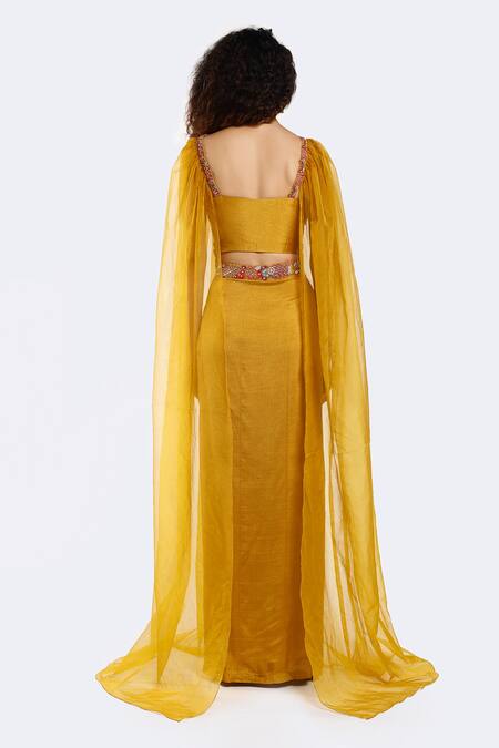 Shop Onaya Yellow Silk Embroidery Thread Sweetheart Neck Floral Crop Top And Skirt Set at Aza Fashions Shop_Onaya_Yellow Silk Embroidery Thread Sweetheart Neck Floral Crop Top And Skirt Set_at_Aza_Fashions