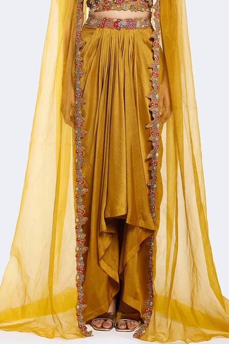 Onaya Yellow Silk Embroidery Thread Sweetheart Neck Floral Crop Top And Skirt Set Online at Aza Fashions Onaya_Yellow Silk Embroidery Thread Sweetheart Neck Floral Crop Top And Skirt Set_Online_at_Aza_Fashions