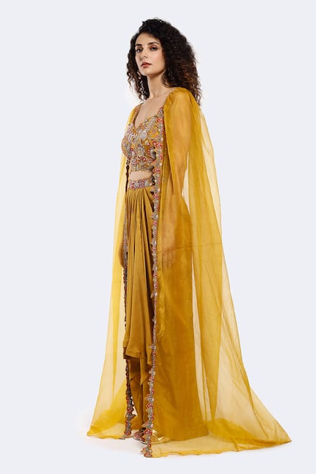Shop Onaya Yellow Silk Embroidery Thread Sweetheart Neck Floral Crop Top And Skirt Set Online at Aza Fashions Shop_Onaya_Yellow Silk Embroidery Thread Sweetheart Neck Floral Crop Top And Skirt Set_Online_at_Aza_Fashions