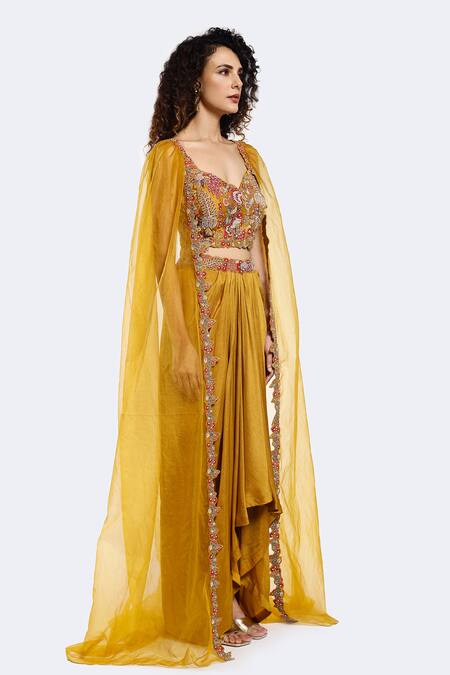 Onaya Yellow Silk Embroidery Thread Sweetheart Neck Floral Crop Top And Skirt Set at Aza Fashions Onaya_Yellow Silk Embroidery Thread Sweetheart Neck Floral Crop Top And Skirt Set_at_Aza_Fashions