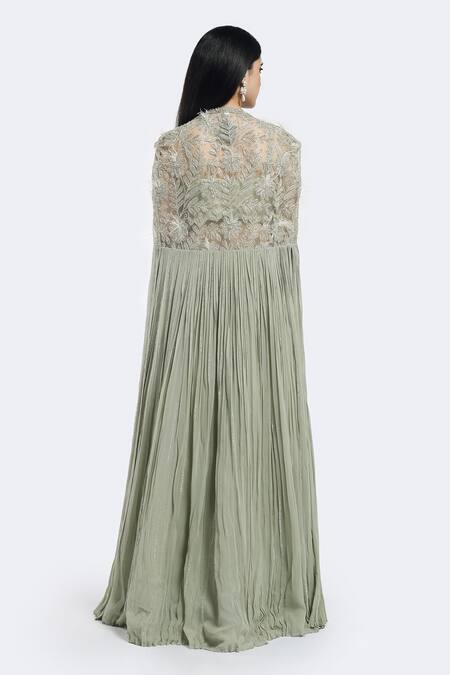 Shop Onaya Green Organza, Georgette Floral Embellished Cape Sharara Set at Aza Fashions Shop_Onaya_Green Organza, Georgette Floral Embellished Cape Sharara Set_at_Aza_Fashions